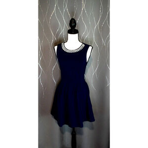 Monteau Women's Navy Blue Fit & Flare Sleeveless Jeweled Neck‎ Dress Size Small